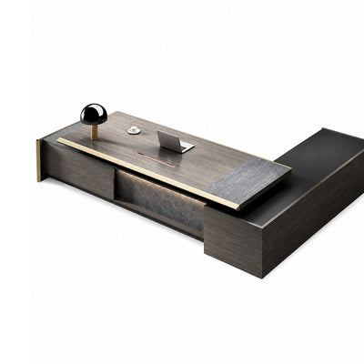   
                    Oak & Marble-Look L-Shaped Executive Desk with LED Lighting
                    